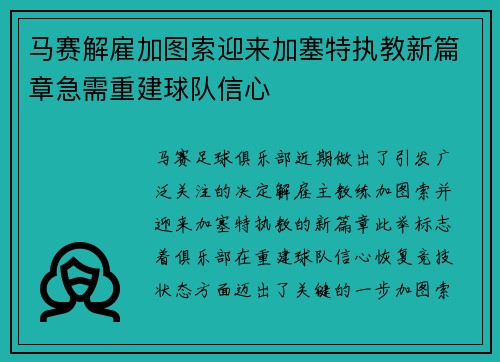 马赛解雇加图索迎来加塞特执教新篇章急需重建球队信心